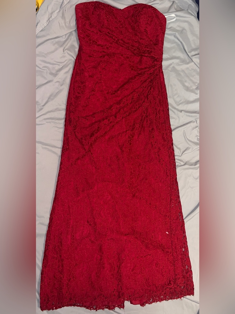 David's Bridal Strapless Red Lace Evening Gown